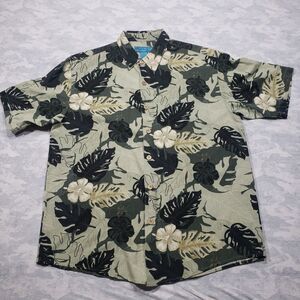 Paradise Blue Hawaiian Shirt Mens XL Green Silk Blend Short Sleeve Button Aloha